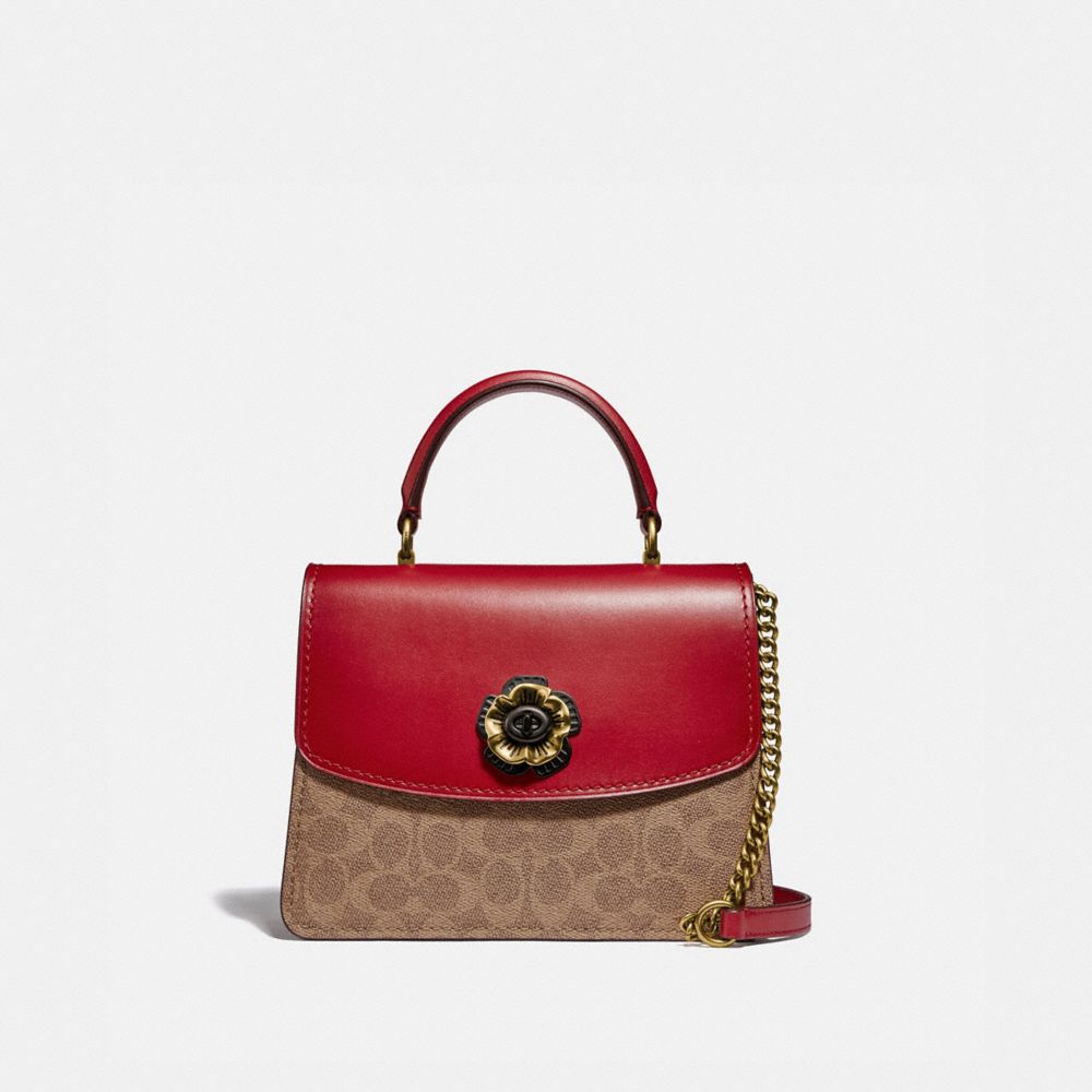 COACH®,PARKER TOP HANDLE IN SIGNATURE CANVAS,pvc,Brass/Tan Red Apple,Front View
