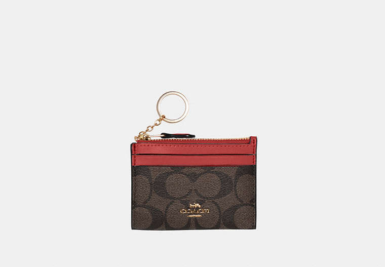 COACH®,MINI SKINNY ID CASE IN SIGNATURE CANVAS,pvc,Gold/Brown 1941 Red,Front View