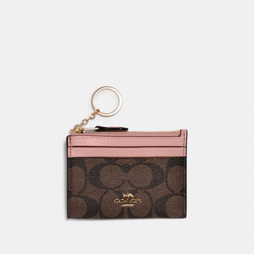 COACH®,Mini Skinny Id Case In Signature Canvas,Leather,Canvas,Coin,Card Case,PVC,Logo,Color Block,Key Ring,Gold Metal,Casual,,Front View