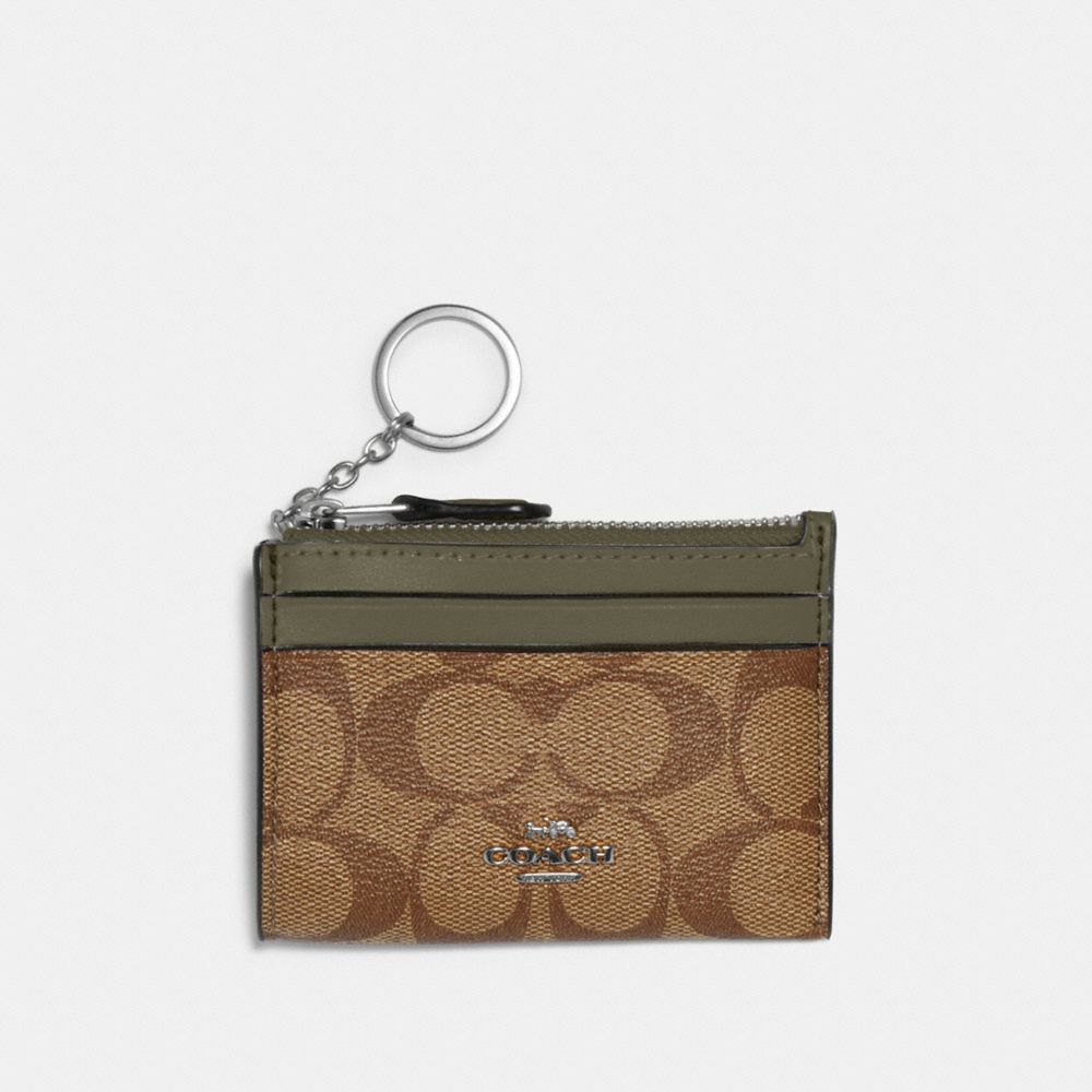 COACH®,Mini Skinny Id Case In Signature Canvas,Canvas,Leather,Coin,Card Case,PVC,Logo,Color Block,Key Ring,Gold Metal,Casual,,Front View