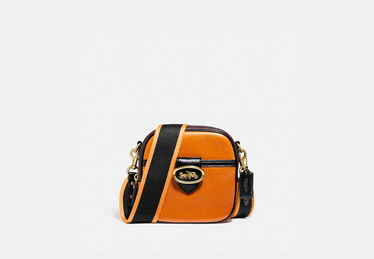 COACH®,KAT CAMERA BAG IN COLORBLOCK,Embossed Leather,Brass/Saffron Multi,Front View