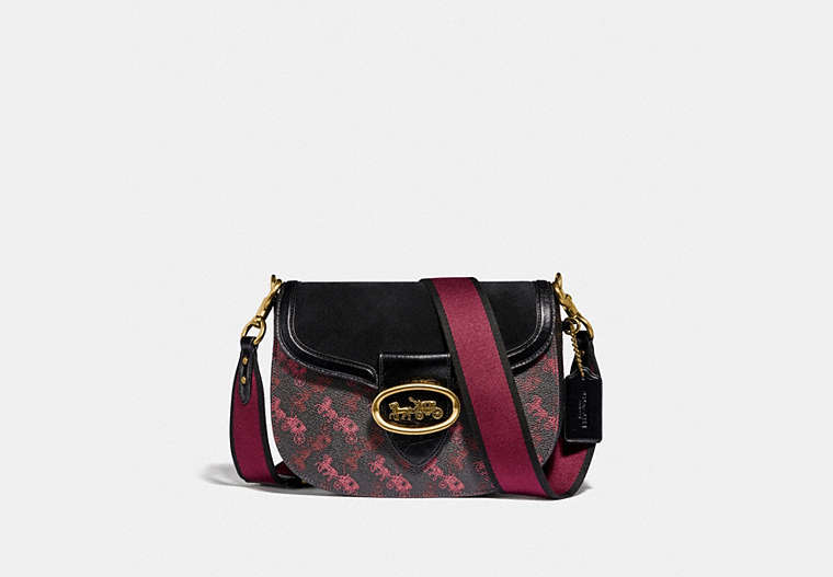 COACH®,KAT SADDLE BAG WITH HORSE AND CARRIAGE PRINT,Coated Canvas/Smooth Leather/Pebble Leather/Embossed Leather...,Brass/Black/Black,Front View