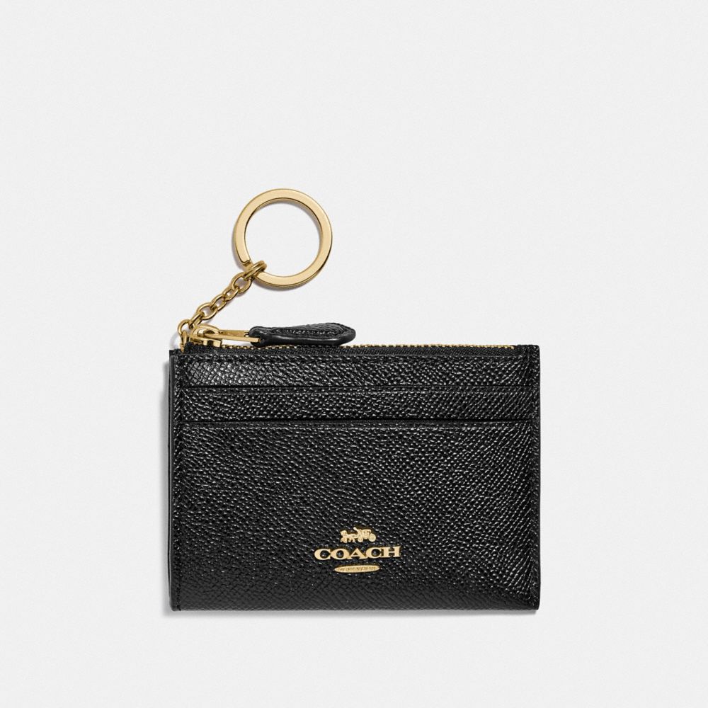 COACH®,Mini Skinny Id Case,Leather,Card Case,Coin,Key Ring,Gold Metal,Casual,Black,Front View