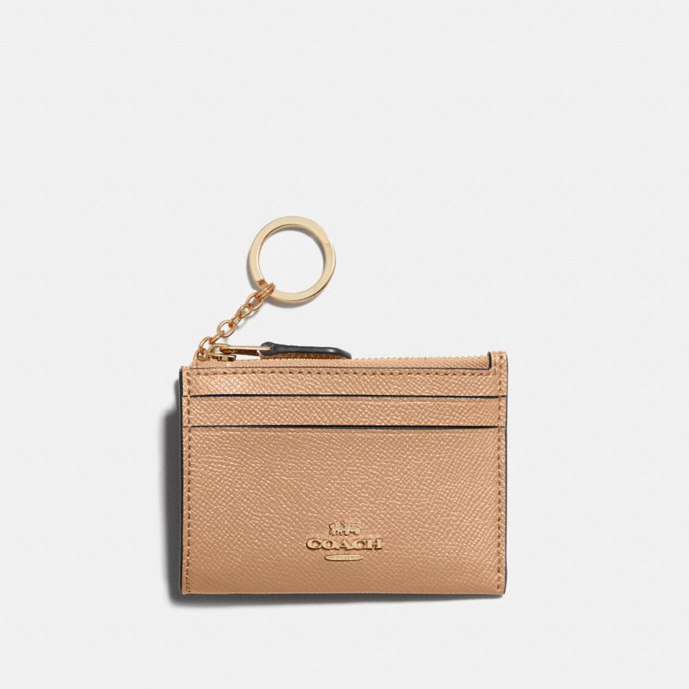 COACH®,Mini Skinny Id Case,Leather,Card Case,Coin,Key Ring,Gold Metal,Casual,Beige,Front View