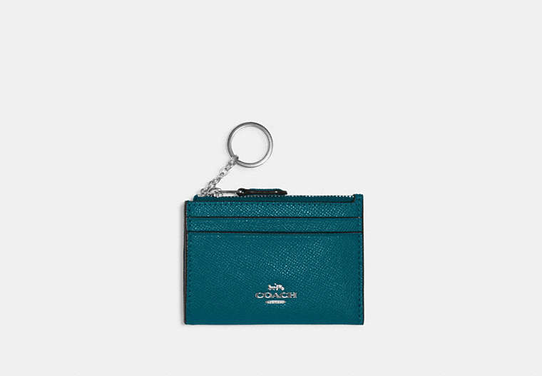 COACH®,MINI SKINNY ID CASE,Leather,Mini,Silver/Deep Turquoise,Front View