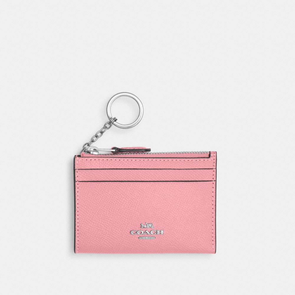 COACH®,MINI SKINNY ID CASE,Crossgrain Leather,Mini,Silver/Flower Pink,Front View