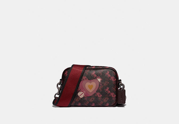 COACH®,CAMERA BAG 16 WITH HORSE AND CARRIAGE PRINT AND HEART,Coated Canvas/Pebble Leather,Mini,Pewter/Black Oxblood,Front View
