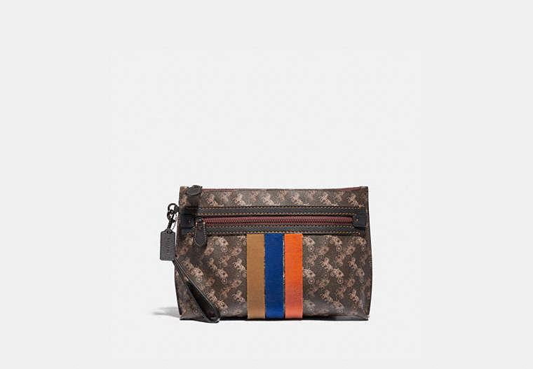 COACH®,ACADEMY POUCH WITH HORSE AND CARRIAGE PRINT AND VARSITY STRIPE,pvc,Brown/Tan,Front View
