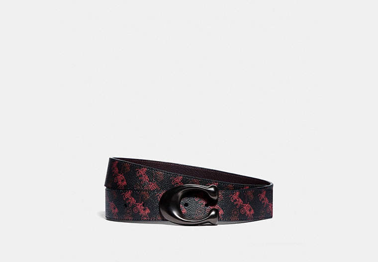 COACH®,SIGNATURE BUCKLE REVERSIBLE BELT WITH HORSE AND CARRIAGE PRINT, 38MM,Coated Canvas/Pebble Leather,BLACK/RED,Front View