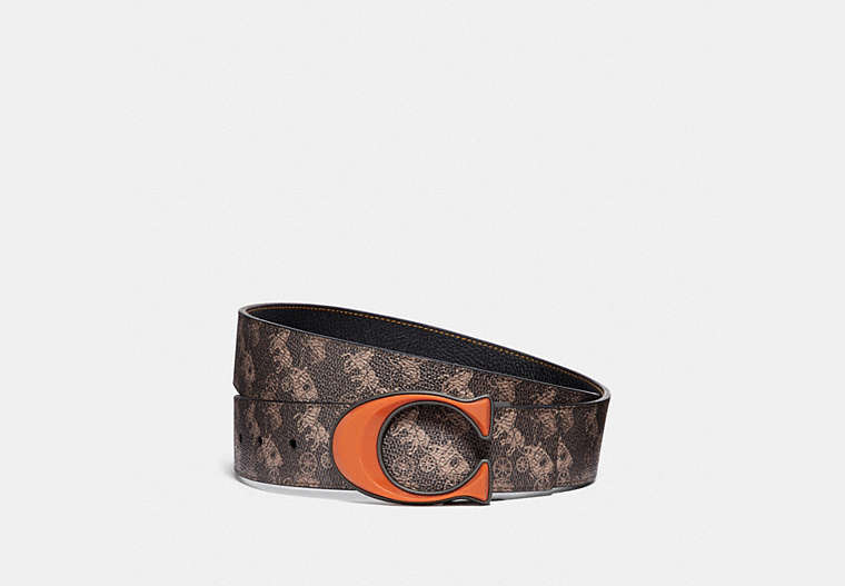 COACH®,SIGNATURE BUCKLE REVERSIBLE BELT WITH HORSE AND CARRIAGE PRINT, 38MM,Coated Canvas/Pebble Leather,Brown/Tan,Front View image number 0