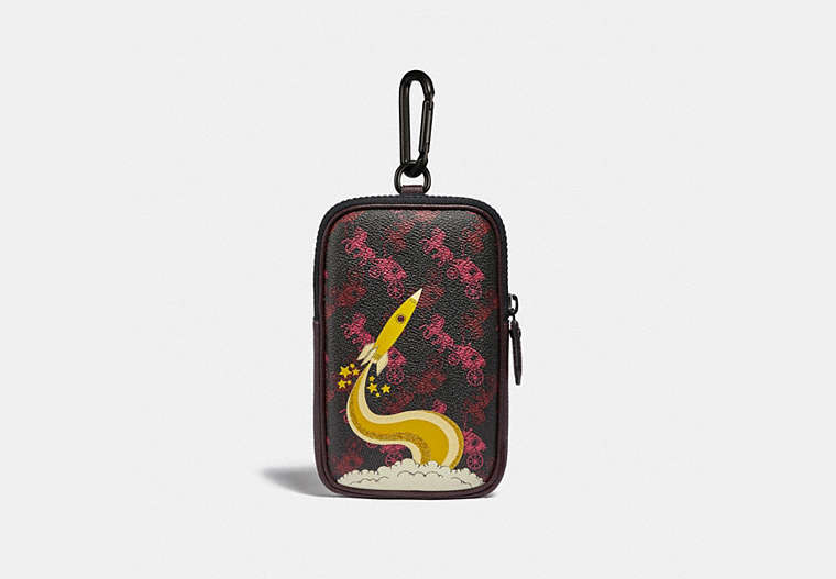 COACH®,HYBRID POUCH 10 WITH HORSE AND CARRIAGE PRINT AND ROCKET,Coated Canvas/Pebble Leather,BLACK/RED,Front View