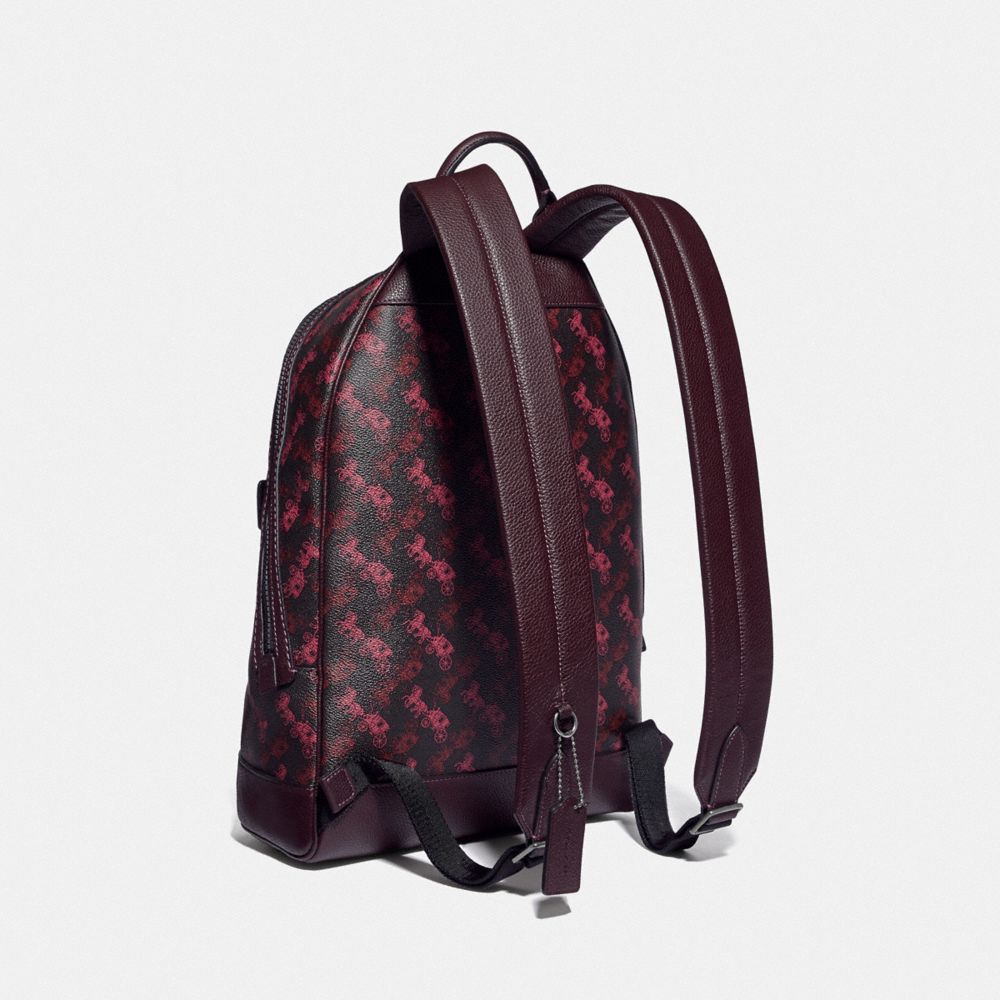 COACH®,BARROW BACKPACK WITH HORSE AND CARRIAGE PRINT,Coated Canvas/Pebble Leather,Large,Black Copper Finish/Black Red,Angle View