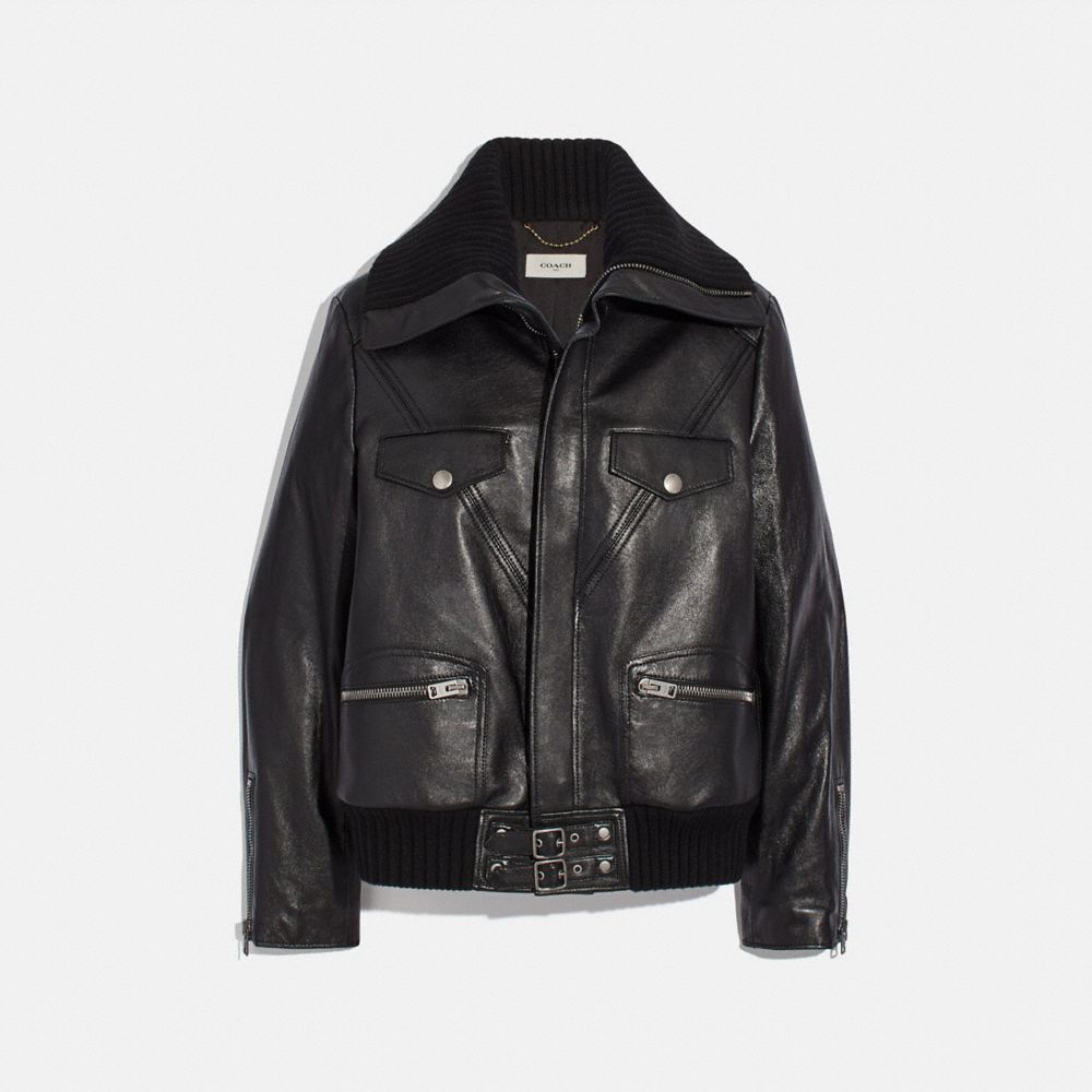 COACH®,LEATHER JACKET WITH KNIT COLLAR,Leather,Black,Front View