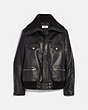 COACH®,LEATHER JACKET WITH KNIT COLLAR,Leather,Black,Front View