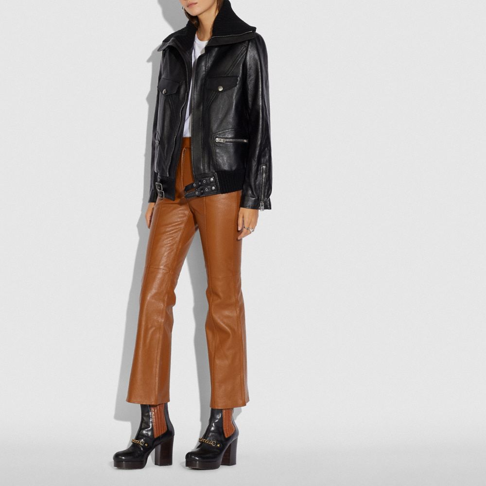 Leather Jacket With Knit Collar