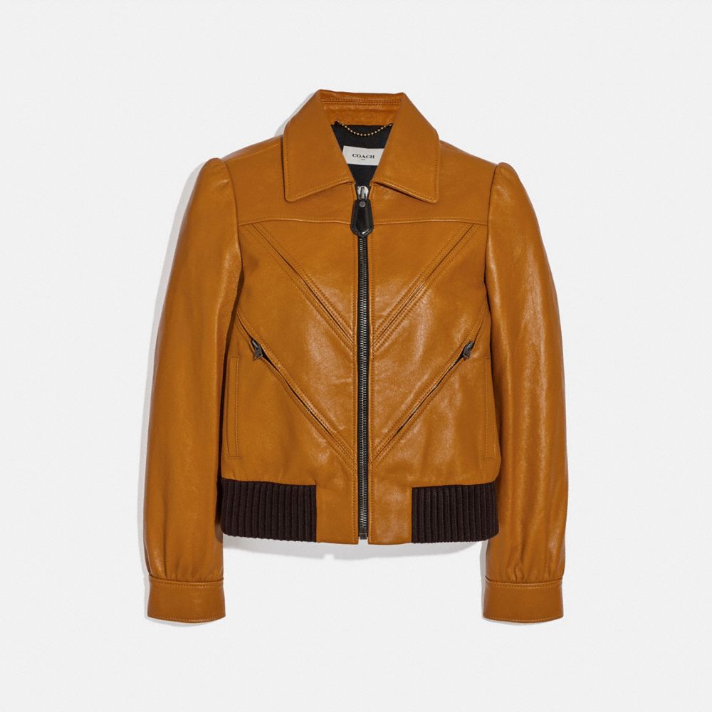 COACH®,LEATHER TAILORED BOMBER JACKET WITH PIECING,Leather,SAFFRON,Front View