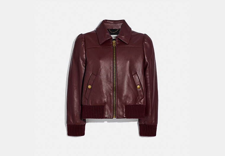 COACH®,LEATHER TAILORED BOMBER JACKET,Leather,Cranberry,Front View