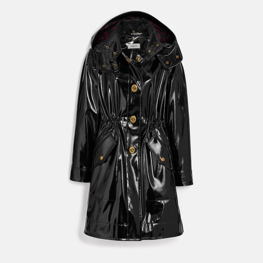COACH®,RAINCOAT WITH HORSE AND CARRIAGE PRINT LINING,Nylon,Black,Front View