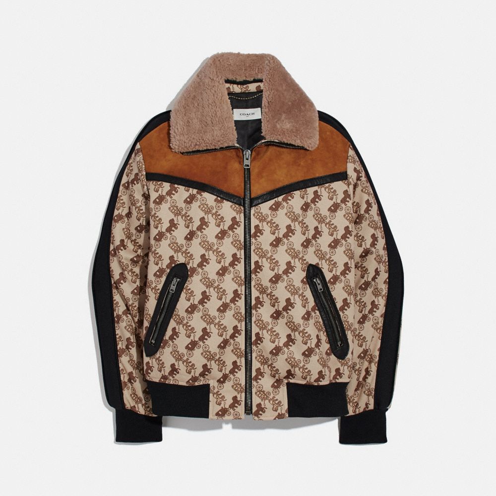 COACH®,HORSE AND CARRIAGE PRINT JACKET WITH REMOVABLE SHEARLING COLLAR,mixedmaterial,Camel,Front View image number 0