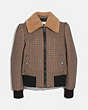 COACH®,CHECK BOMBER JACKET WITH REMOVABLE SHEARLING COLLAR,wool,Brown,Front View