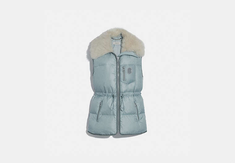 COACH®,PUFFER VEST WITH REMOVABLE SHEARLING COLLAR,Polyester,LIGHT BLUE,Front View image number 0