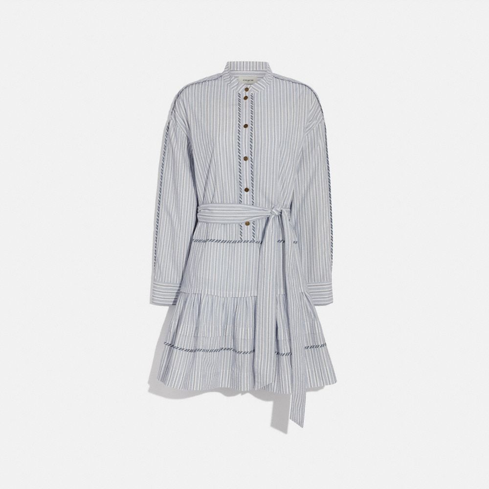COACH®,STRIPE SHIRT DRESS WITH BELT,cotton,Blue/White,Front View