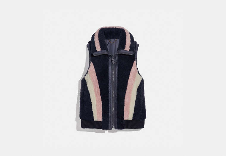 COACH®,REVERSIBLE SHEARLING VEST,shearling/Nylon,NAVY,Front View