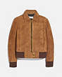 COACH®,SUEDE BOMBER JACKET,Suede,Cappuccino,Front View