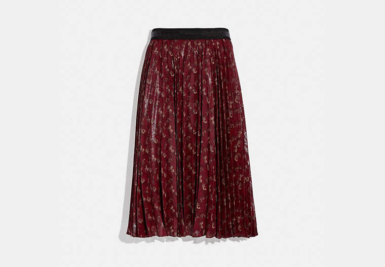COACH®,LUNAR NEW YEAR HORSE AND CARRIAGE PRINT PLEATED SKIRT,Silk/Lurex,Red.,Front View