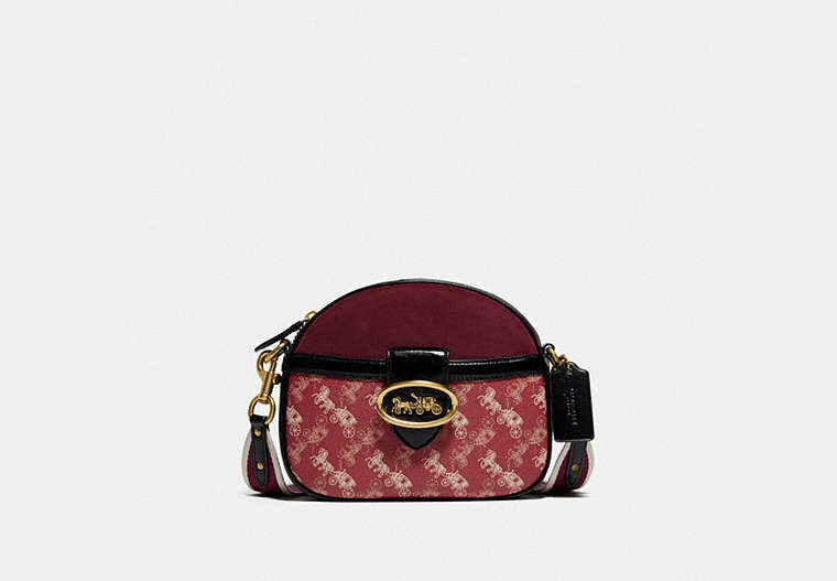 COACH®,KAT CROSSBODY WITH HORSE AND CARRIAGE PRINT,Coated Canvas/Pebble Leather/Embossed Leather/Suede,Small,Brass/Red Deep Red Multi,Front View