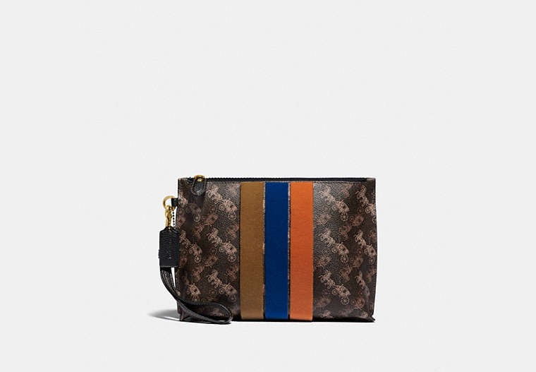 COACH®,CHARLIE POUCH WITH HORSE AND CARRIAGE PRINT AND VARSITY STRIPE,Coated Canvas,Small,Brass/Brown Black,Front View