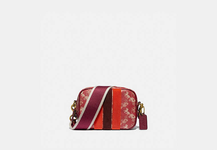COACH®,LUNAR NEW YEAR CAMERA BAG 16 WITH HORSE AND CARRIAGE PRINT AND VARSITY STRIPE,pvc,Mini,Brass/Red Deep Red,Front View