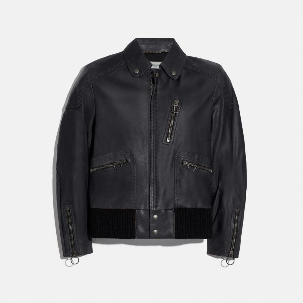 COACH®,LEATHER BIKER JACKET,Leather,NAVY,Front View