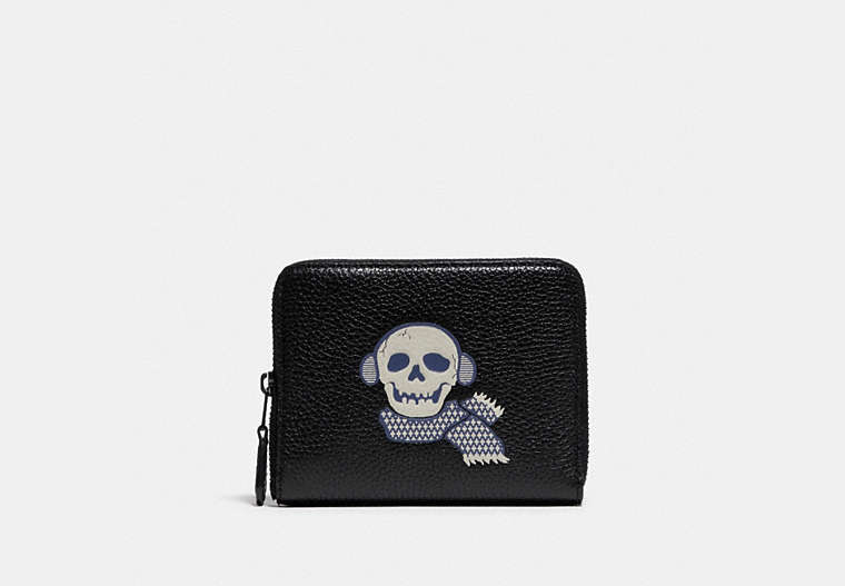 COACH®,SMALL ZIP AROUND WALLET WITH BONESY,Pebble Leather,Gunmetal/Black,Front View