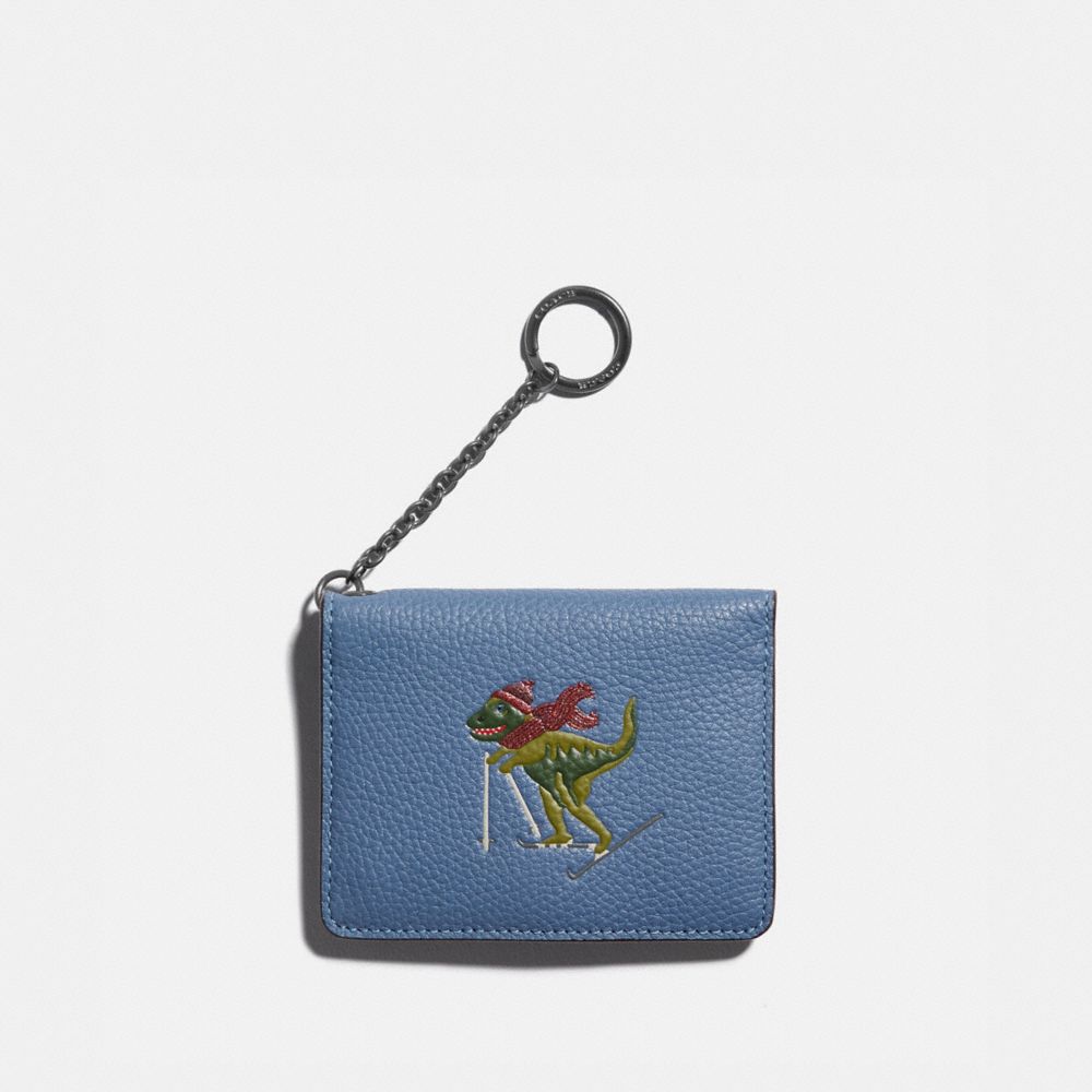COACH®,KEY RING CARD CASE WITH REXY,Pebble Leather,Gunmetal/Stone Blue,Front View image number 0