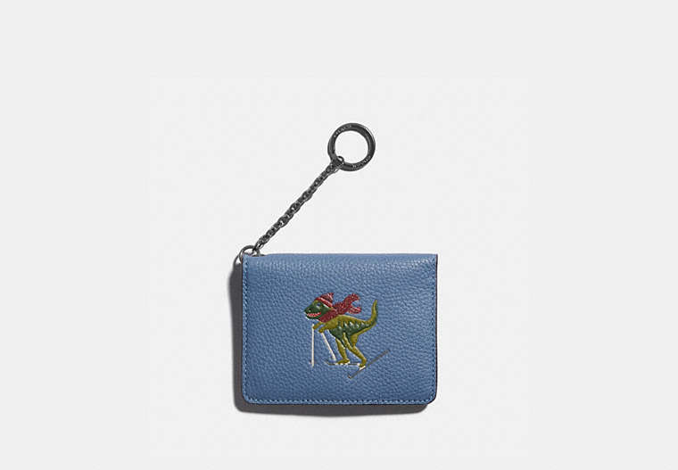 COACH®,KEY RING CARD CASE WITH REXY,Pebble Leather,Gunmetal/Stone Blue,Front View