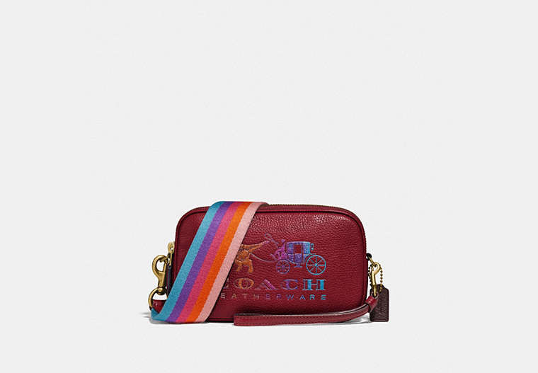 COACH®,SADIE CROSSBODY CLUTCH WITH REXY AND CARRIAGE,Pebble Leather,Brass/Deep Red,Front View