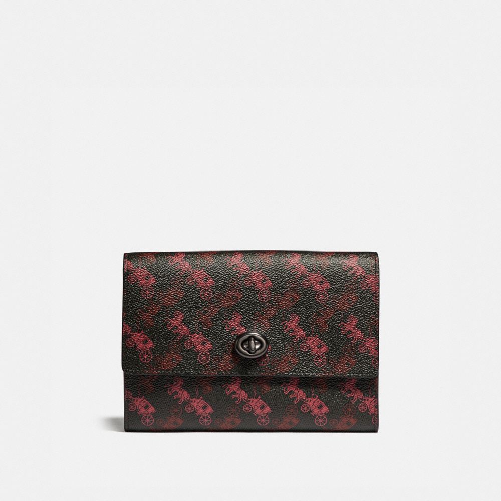 COACH®,POUCH WITH HORSE AND CARRIAGE PRINT,Coated Canvas,BLACK/RED,Front View