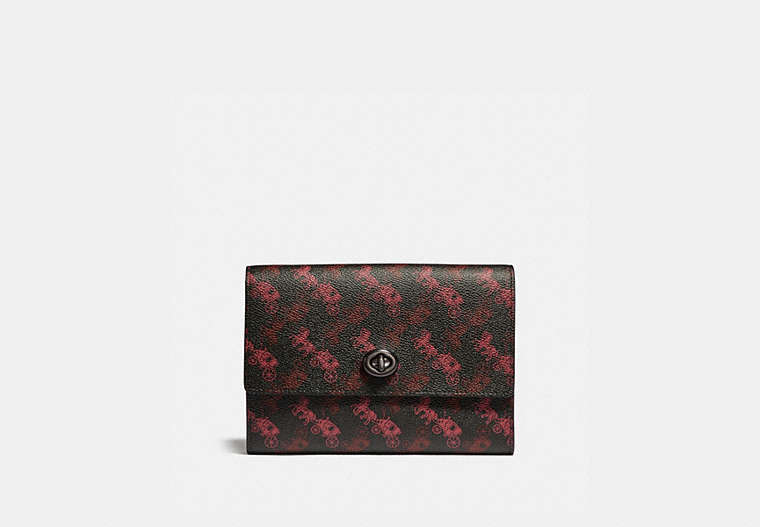 COACH®,POUCH WITH HORSE AND CARRIAGE PRINT,Coated Canvas,BLACK/RED,Front View