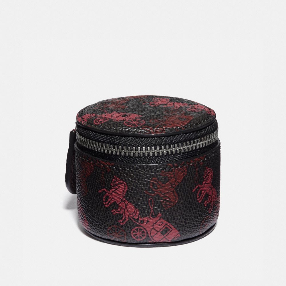 COACH®,ROUND CASE WITH HORSE AND CARRIAGE PRINT,Coated Canvas,Mini,BLACK/RED,Front View