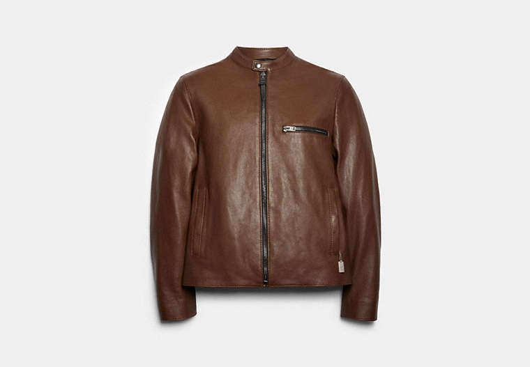 COACH®,LEATHER RACER JACKET,n/a,Dark Fawn,Front View
