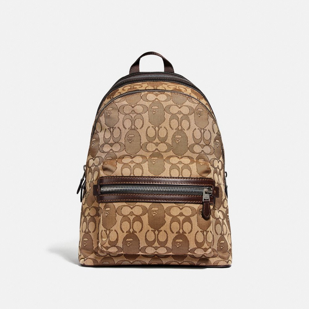 Helles Altes Nickel Khaki Bape X Coach Academy Rucksack Aus Charakteristischem Jacquard Mit Affenkopf