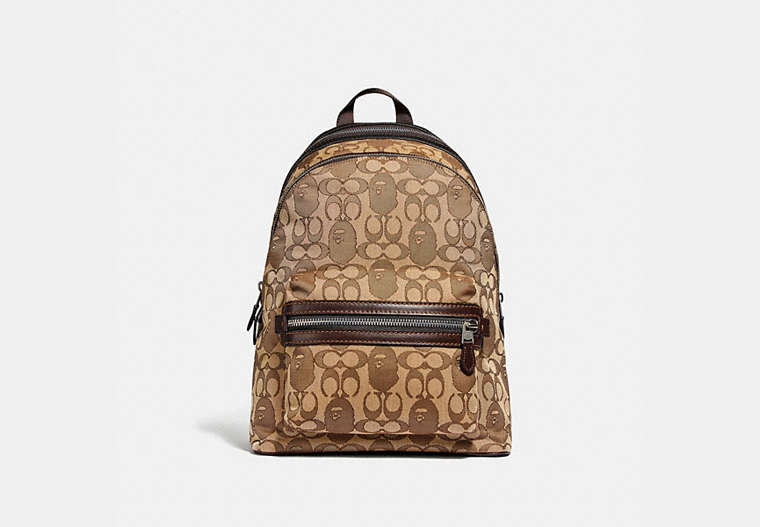 COACH®,BAPE X COACH ACADEMY BACKPACK IN SIGNATURE JACQUARD WITH APE HEAD,Jacquard,X-Large,Light Antique Nickel/Khaki,Front View image number 0