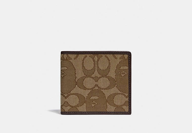 COACH®,BAPE X COACH COIN WALLET IN SIGNATURE JACQUARD WITH APE HEAD,Smooth Leather/Jacquard,Light Antique Nickel/Khaki,Front View image number 0
