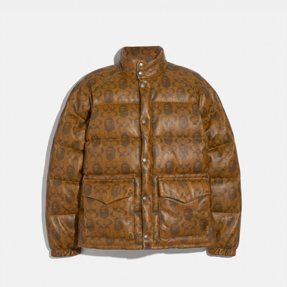 COACH®,BAPE X COACH LEATHER DOWN JACKET,Leather,Brown/Multi,Front View image number 0