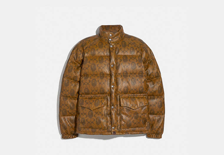 COACH®,BAPE X COACH LEATHER DOWN JACKET,Leather,Brown/Multi,Front View image number 0