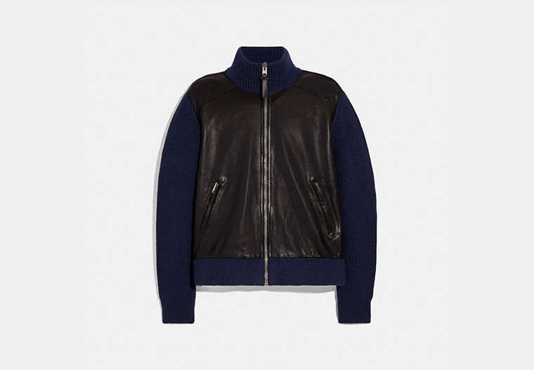 COACH®,ZIP LEATHER SWEATER JACKET,wool,NAVY/BLACK,Front View