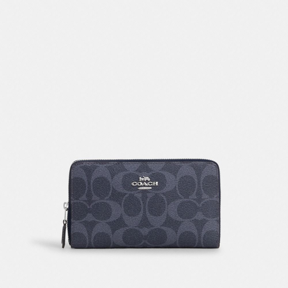 COACH®,MEDIUM ID ZIP WALLET IN SIGNATURE CANVAS,Signature Canvas,Mini,Silver/Denim/Midnight Navy,Front View