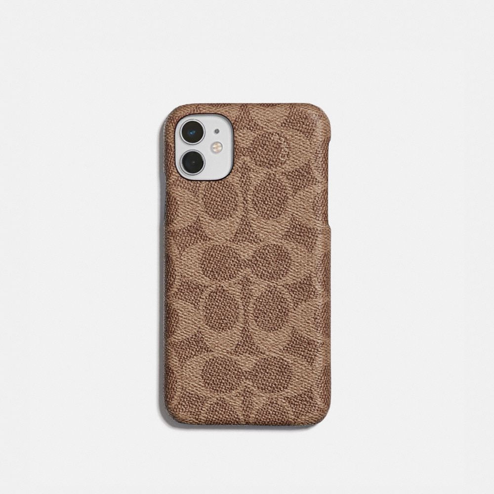COACH®,IPHONE 11 CASE IN SIGNATURE CANVAS,Coated Canvas,Tan,Front View