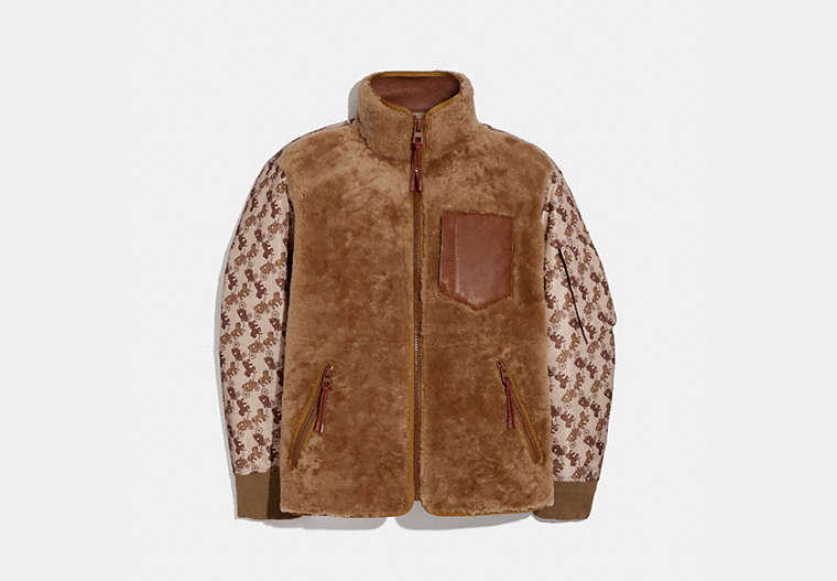 COACH®,HORSE AND CARRIAGE PRINT SHEARLING MA-1 JACKET,Shearling,Light Camel,Front View